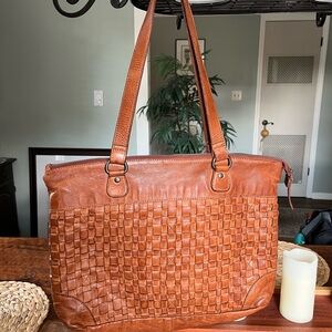 Vilenca Holland Dark Tan Light Brown Woven Leather Laptop Tote Bag Purse